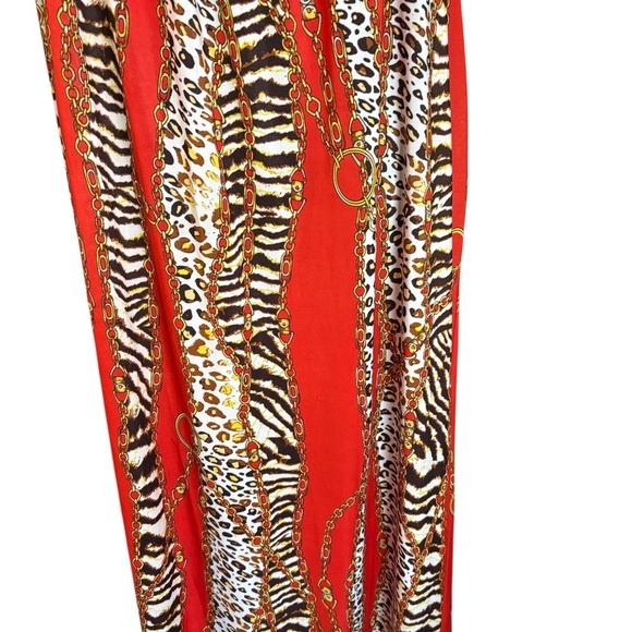 Women’s Maxi Dress Cut Out Gold Chain Lock Animal Print Red Mob Wife Large - Picture 5 of 11